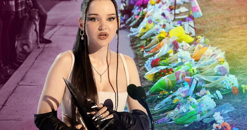 A collage of Dove Cameron in front of floral tributes to the Colorado Springs shooting victims