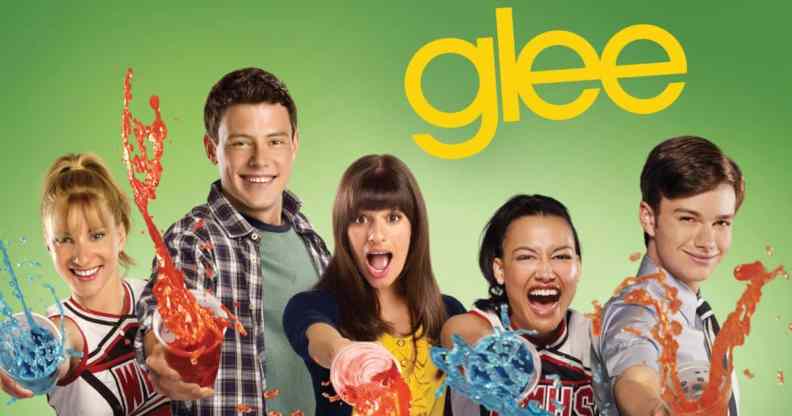 A promotional still of TV series Glee featuring all of the main cast superimposed against a green background with the Glee logo above them