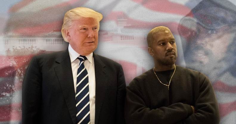 A graphic composite showing Donald Trump and Kanye West superimposed over a faded American flag background