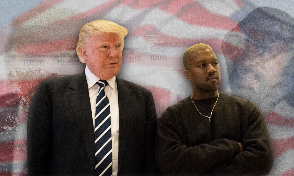 A graphic composite showing Donald Trump and Kanye West superimposed over a faded American flag background