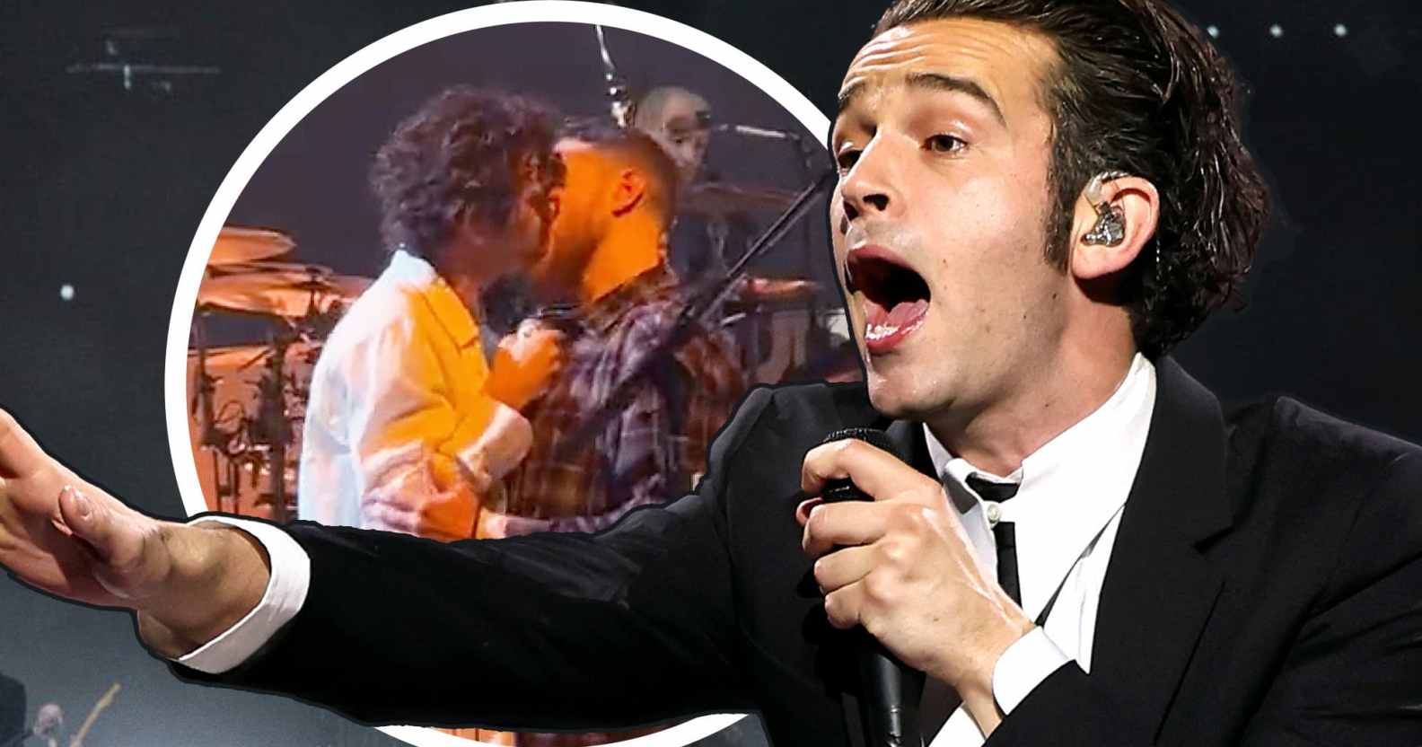 A graphic of Matty Healy performing and him kissing a male fan onstage