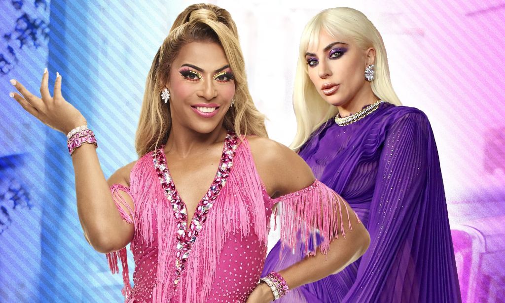 A composite graphic of Shangela and Lady Gaga standing in front of a pink and blue background