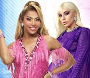 A composite graphic of Shangela and Lady Gaga standing in front of a pink and blue background