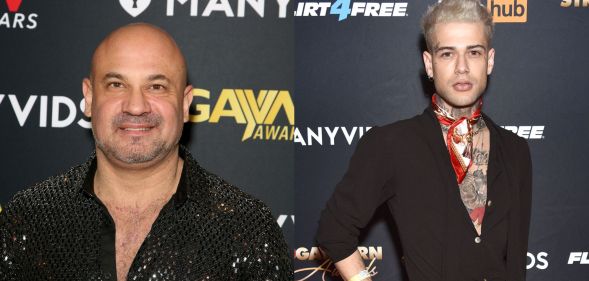 A split-screen image showing Just For Fans founder Jack Aaronson wearing a black shirt poses at a press event and former porn star Marcus Stones wearing a dark brown shirt with a cravat also poses for a photo during an event