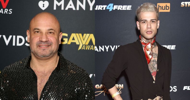 A split-screen image showing Just For Fans founder Jack Aaronson wearing a black shirt poses at a press event and former porn star Marcus Stones wearing a dark brown shirt with a cravat also poses for a photo during an event