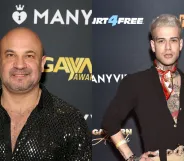 A split-screen image showing Just For Fans founder Jack Aaronson wearing a black shirt poses at a press event and former porn star Marcus Stones wearing a dark brown shirt with a cravat also poses for a photo during an event