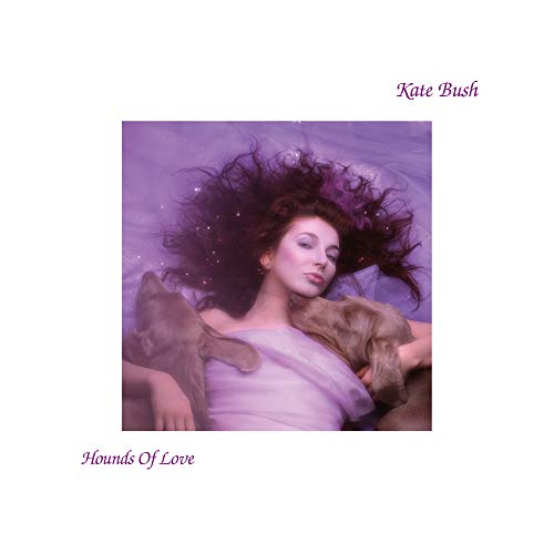 Kate Bush lying on a purple background with two dogs in the album artwork for Hounds of Love.