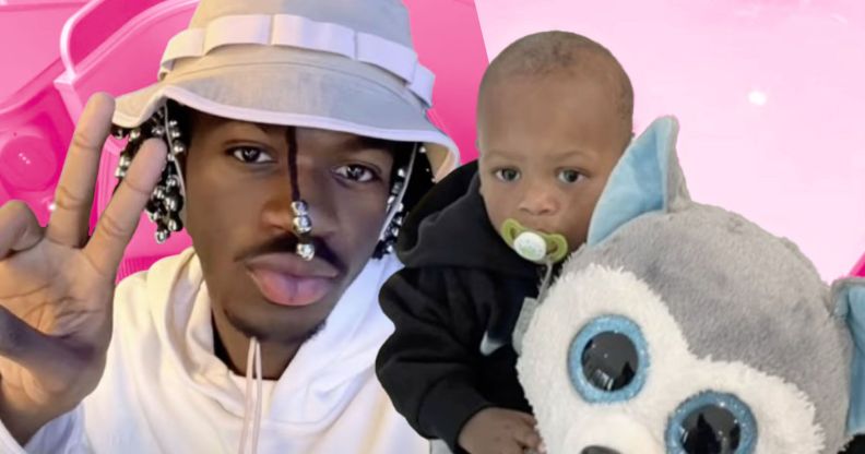 A graphic of Lil Nas X posing with his hand up in a peace sign near his head side-by-side with a picture of a young child holding a canine stuffed animal
