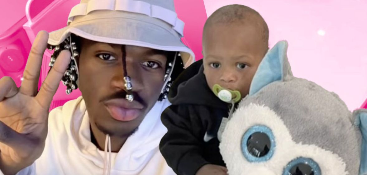 A graphic of Lil Nas X posing with his hand up in a peace sign near his head side-by-side with a picture of a young child holding a canine stuffed animal