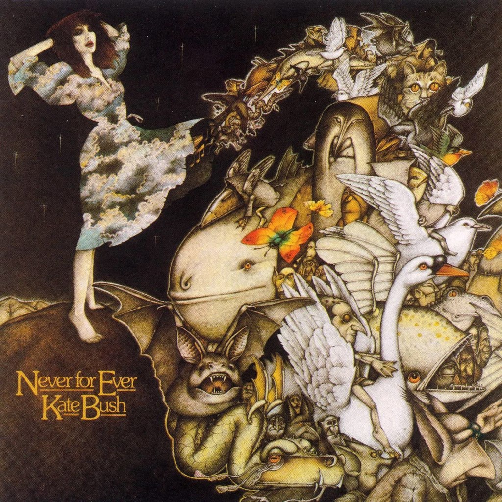The album artwork for Never for Ever by Kate Bush. Various animals and items are seen coming out from under Bush's dress in an animated image.