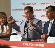 Anne Aslett, EJAF Executive Director, Sir Elton John, and John Hopkins University Professor Chris Beyrer attend the Elton John and partners launch of a new Elton John AIDS Foundation fund aimed at preventing and treating HIV in Eastern Europe and Central Asia on July 24, 2018 in Amsterdam, Netherlands.