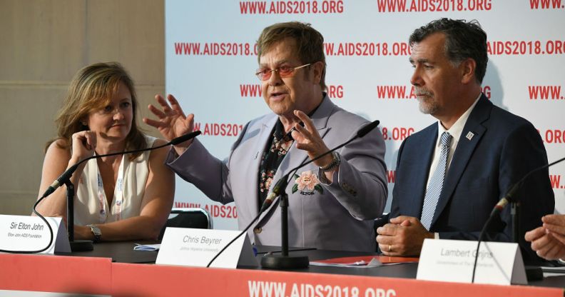 Anne Aslett, EJAF Executive Director, Sir Elton John, and John Hopkins University Professor Chris Beyrer attend the Elton John and partners launch of a new Elton John AIDS Foundation fund aimed at preventing and treating HIV in Eastern Europe and Central Asia on July 24, 2018 in Amsterdam, Netherlands.