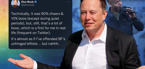 A graphic showing in the foreground Elon Musk dressed in a dark suit jacket and white shirt with his hands held open and just behind him is the smaller image of comedian Dave Chapelle talking into a microphone. To the left of Musk is a screenshot of a tweet he made referring to the booing he received when he appeared at Dave Chapelle show