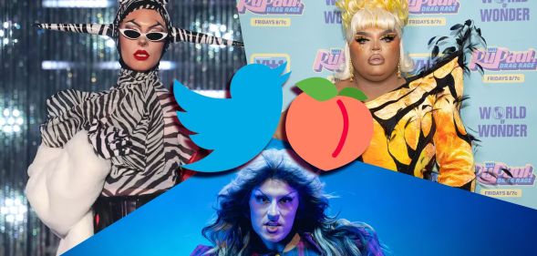 A graphic composite showing RuPaul's Drag Race stars Bosco, Kandy Muse and Daya Betty with a Twitter and peach graphic placed in the centre