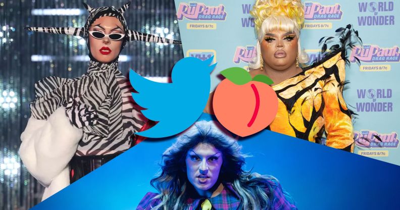 A graphic composite showing RuPaul's Drag Race stars Bosco, Kandy Muse and Daya Betty with a Twitter and peach graphic placed in the centre
