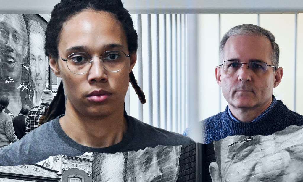 A graphic composed of images of WNBA star Brittney Griner and US marine Paul Whelan, both of whom were detained in Russia