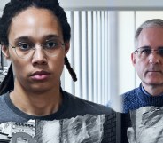 A graphic composed of images of WNBA star Brittney Griner and US marine Paul Whelan, both of whom were detained in Russia