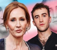 JK Rowling and It's A Sin star Callum Scott Howells standing side-by-side in front of a trans pride flag