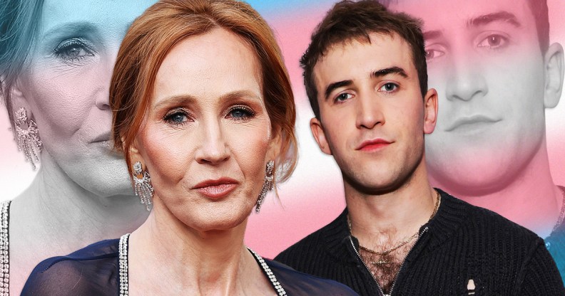 JK Rowling and It's A Sin star Callum Scott Howells standing side-by-side in front of a trans pride flag
