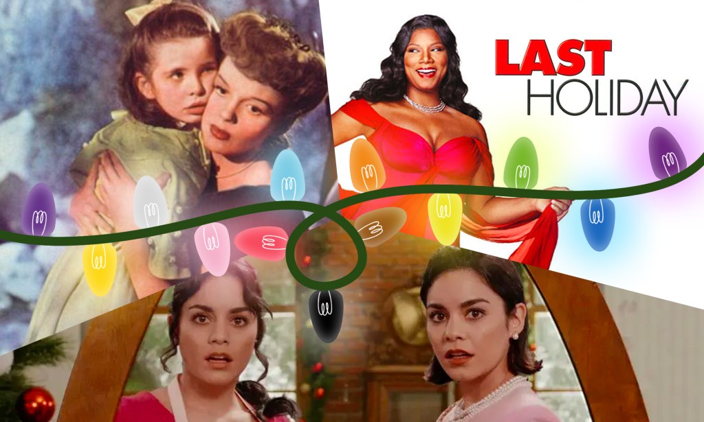 An edited image showing a still image of Judy Garland and Margaret O'Brien in Meet Me in St Louis in the top left hand corner. In the top right hand corner is a picture of Queen Latifah in Last Holiday, while Vanessa Hudgens playing two separate characters in The Princess Switch is pictured along the bottom half of the image. Colourful Christmas lights run through the middle of the image.