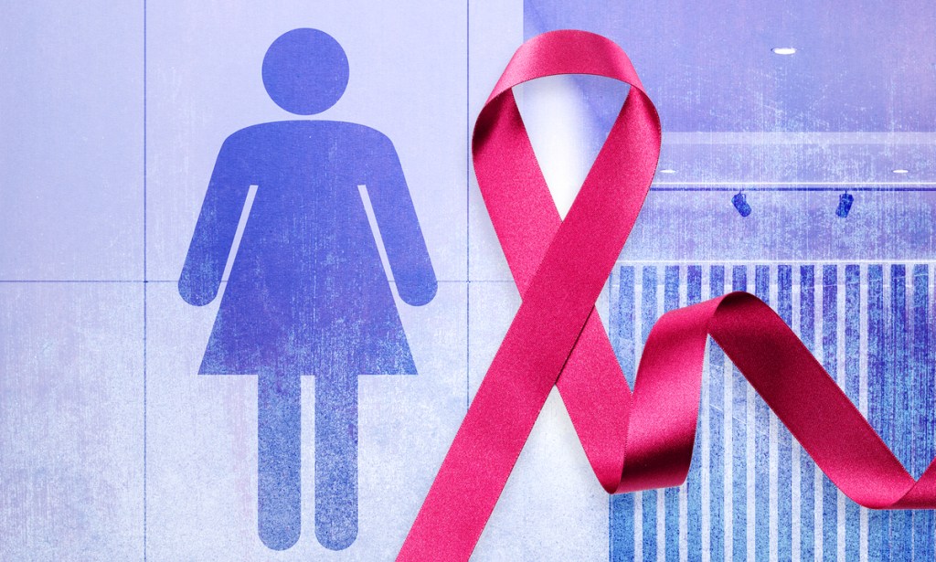 Women's toilets and breast cancer ribbon