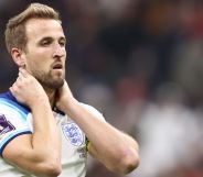 Harry Kane grabs the back of his neck after missing a penalty kick in the England v France game on Friday.