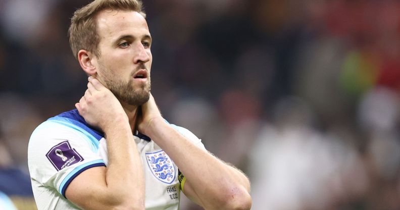 Harry Kane grabs the back of his neck after missing a penalty kick in the England v France game on Friday.