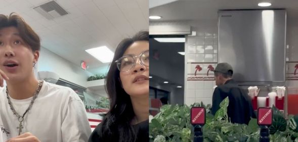 A split image of both individuals looking concerned on the left, and the homophobic individual on the right.