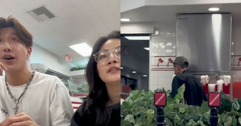 A split image of both individuals looking concerned on the left, and the homophobic individual on the right.