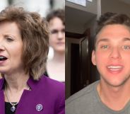 A split image of Republican politician Vicky Hartzler on the left, in a purple suit, and an image of Andrew Hartzler on the right.