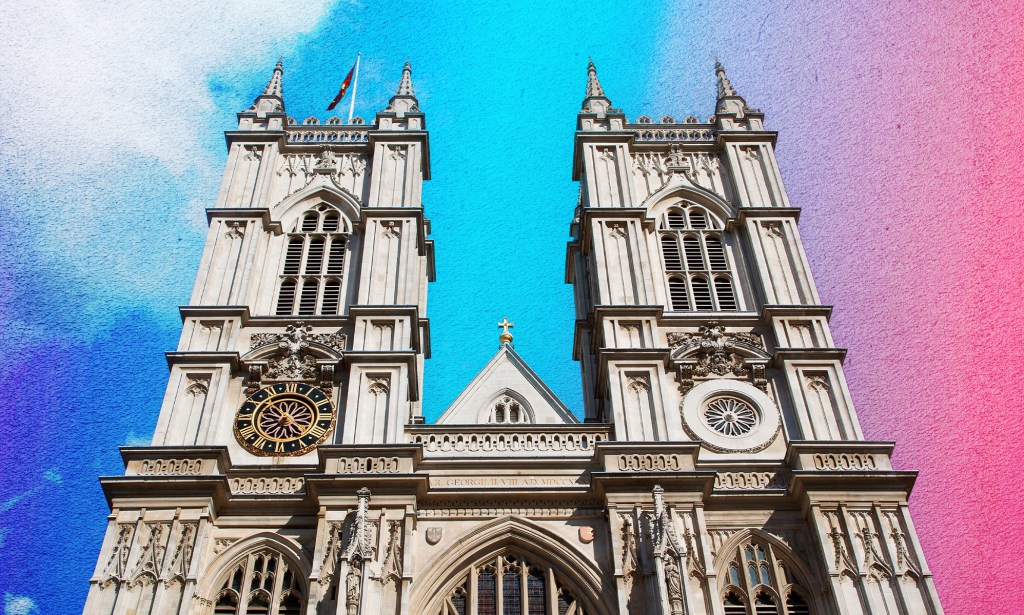 Westminster Abbey of the Church of England with a background in the colors of the trans pride flag