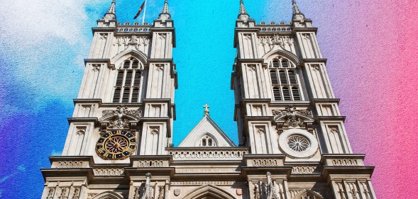 The Church of England's Westminster Abbey, with a background in the colours of the trans Pride flag