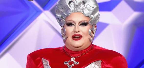 Drag Race contestant Victoria Scone wears a red and white/silver outfit during the Canada's Drag Race: Canada vs the World finale