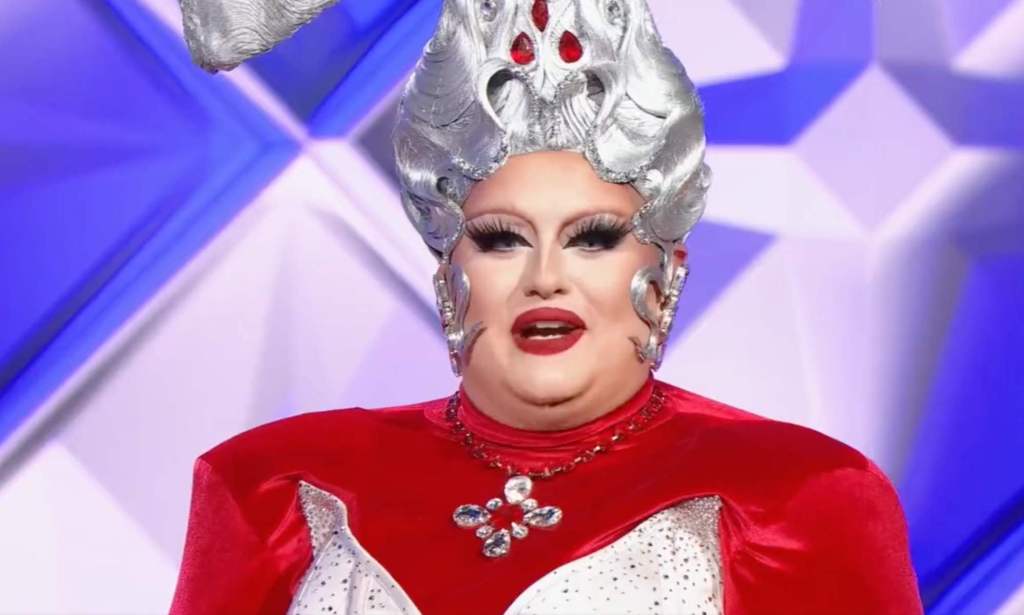 Drag Race contestant Victoria Scone wears a red and white/silver outfit during the Canada's Drag Race: Canada vs the World finale