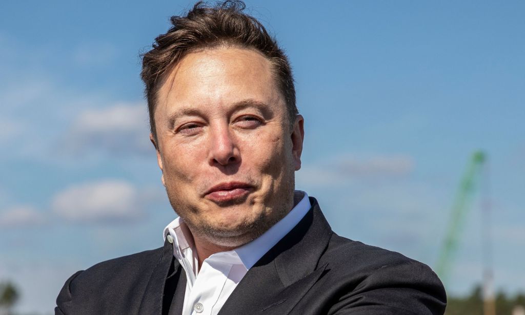 Elon Musk wears a white shirt and dark suit jacket as he stares somewhere off camera
