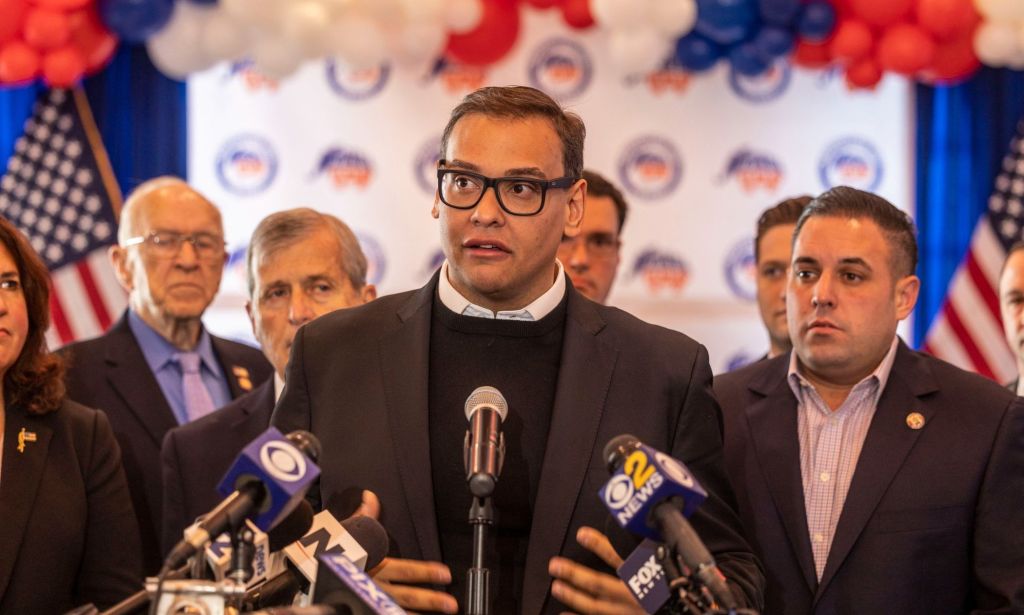 George Santos joined the newly elected Republican members of the Senate and Congress during a press conference in Baldwin, New York