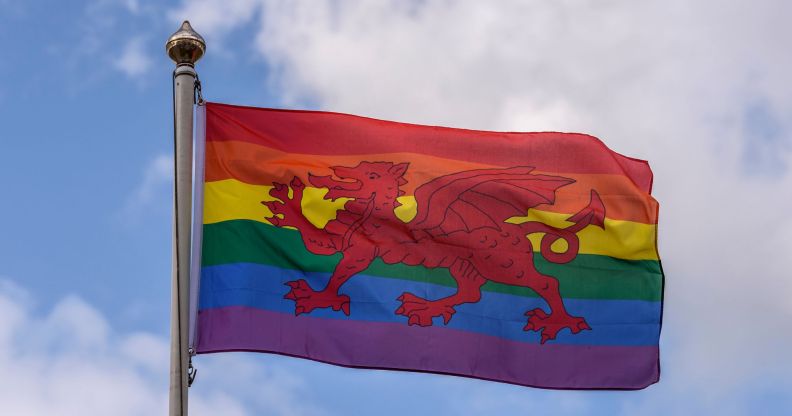 A photo of the Welsh Flag with added rainbow Pride colours