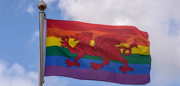 A photo of the Welsh Flag with added rainbow Pride colours