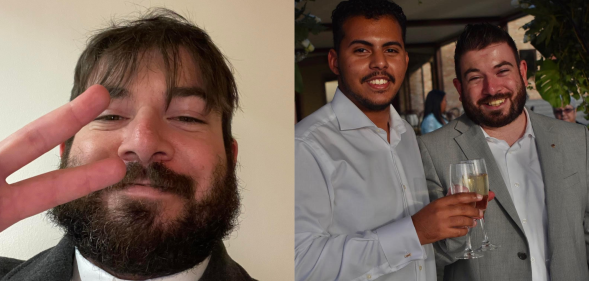 Gian Luca Rodrigues Cavallaro pictured in a close-up selfie on the left with his hand raised in the peace sign. On the right, Gian is photographed posing with his husband.