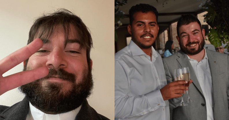 Gian Luca Rodrigues Cavallaro pictured in a close-up selfie on the left with his hand raised in the peace sign. On the right, Gian is photographed posing with his husband.