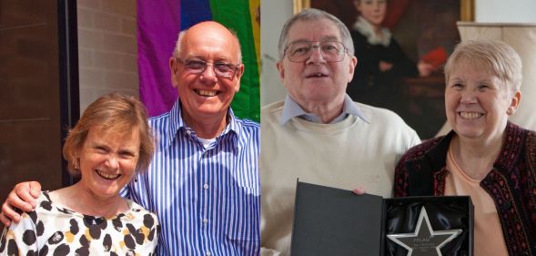 Side by side images of Janet and Bruce Kent and Sue and Bob Allen who work with FFLAG a group that helps the families of LGBTQ+ youth