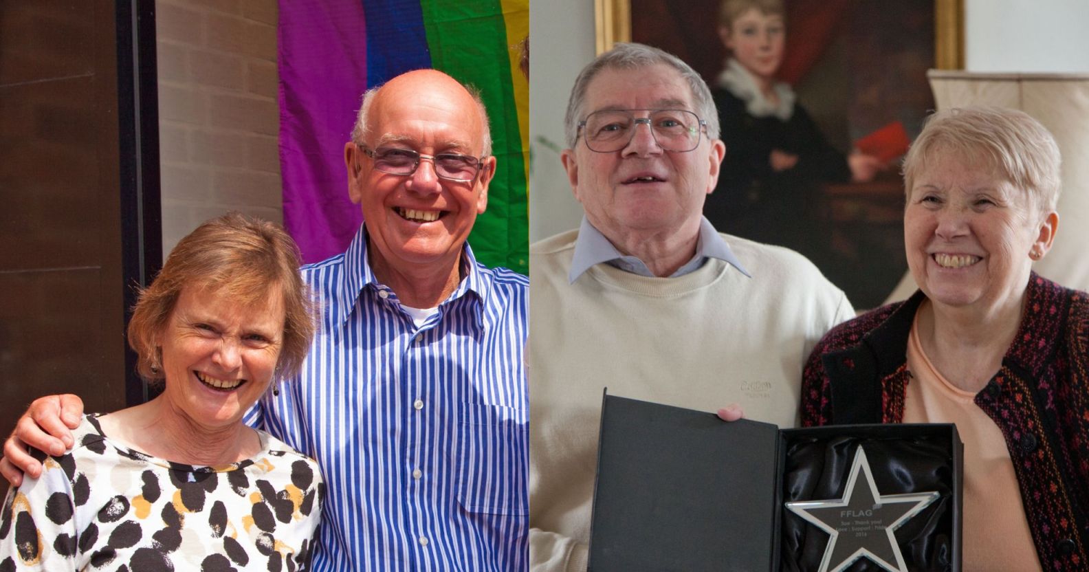 Side by side images of Janet and Bruce Kent and Sue and Bob Allen who work with FFLAG a group that helps the families of LGBTQ+ youth