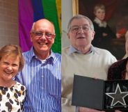 Side by side images of Janet and Bruce Kent and Sue and Bob Allen who work with FFLAG a group that helps the families of LGBTQ+ youth