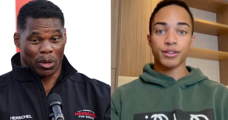 side by side images of Herschel Walker speaking at a podium and still shot from a video posted by his son, Christian