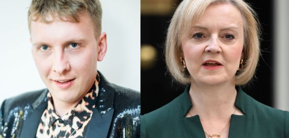 Side by side images of Joe Lycett and Liz Truss