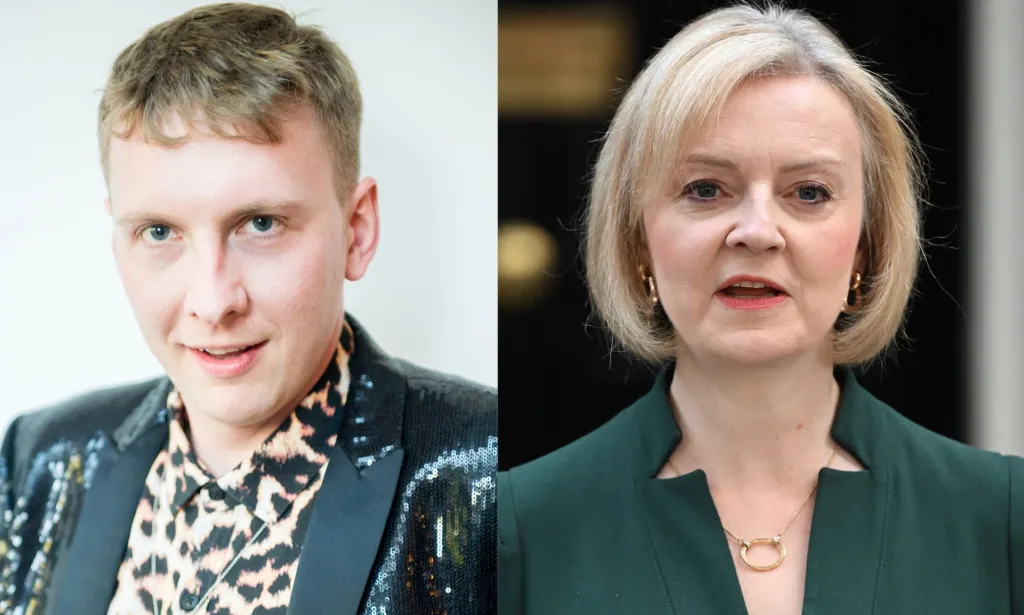 Side by side images of Joe Lycett and Liz Truss