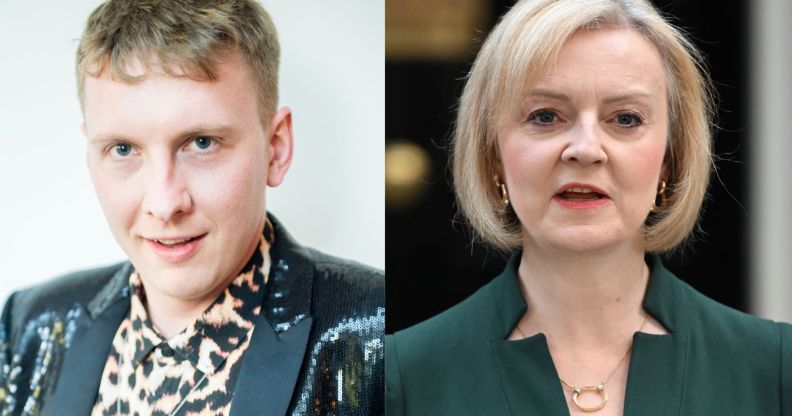 Side by side images of Joe Lycett and Liz Truss