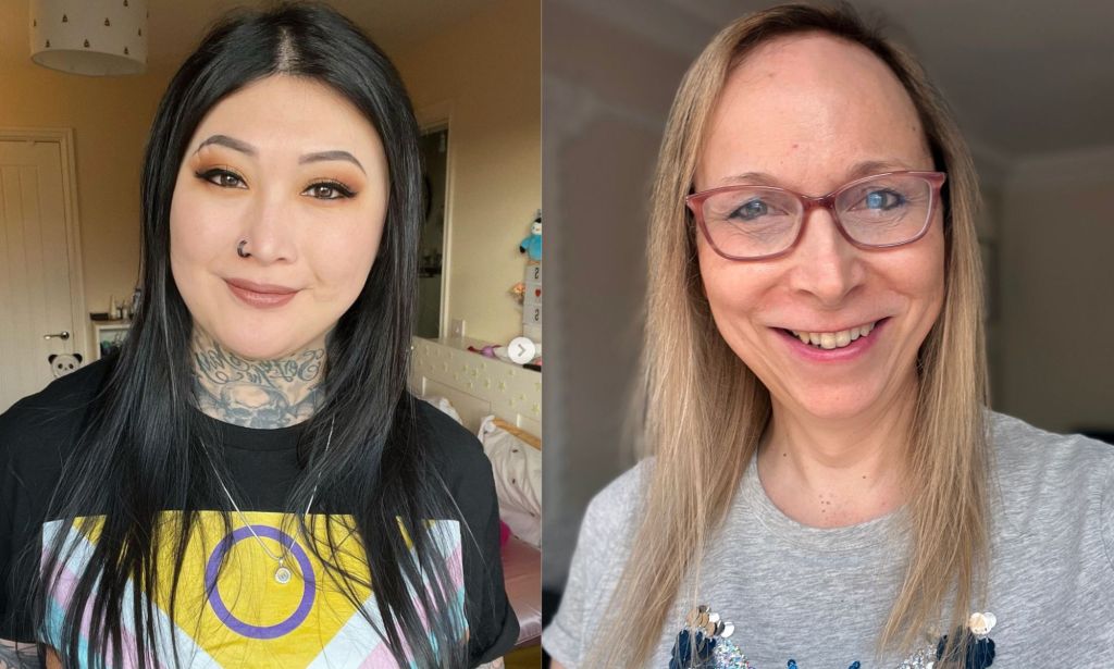 Side by side images of trans advocates Eva Echo and Katie Neeves. Eva is wearing a black top that shows the trans flag, and Katie is wearing glasses and a grey top, both are smiling