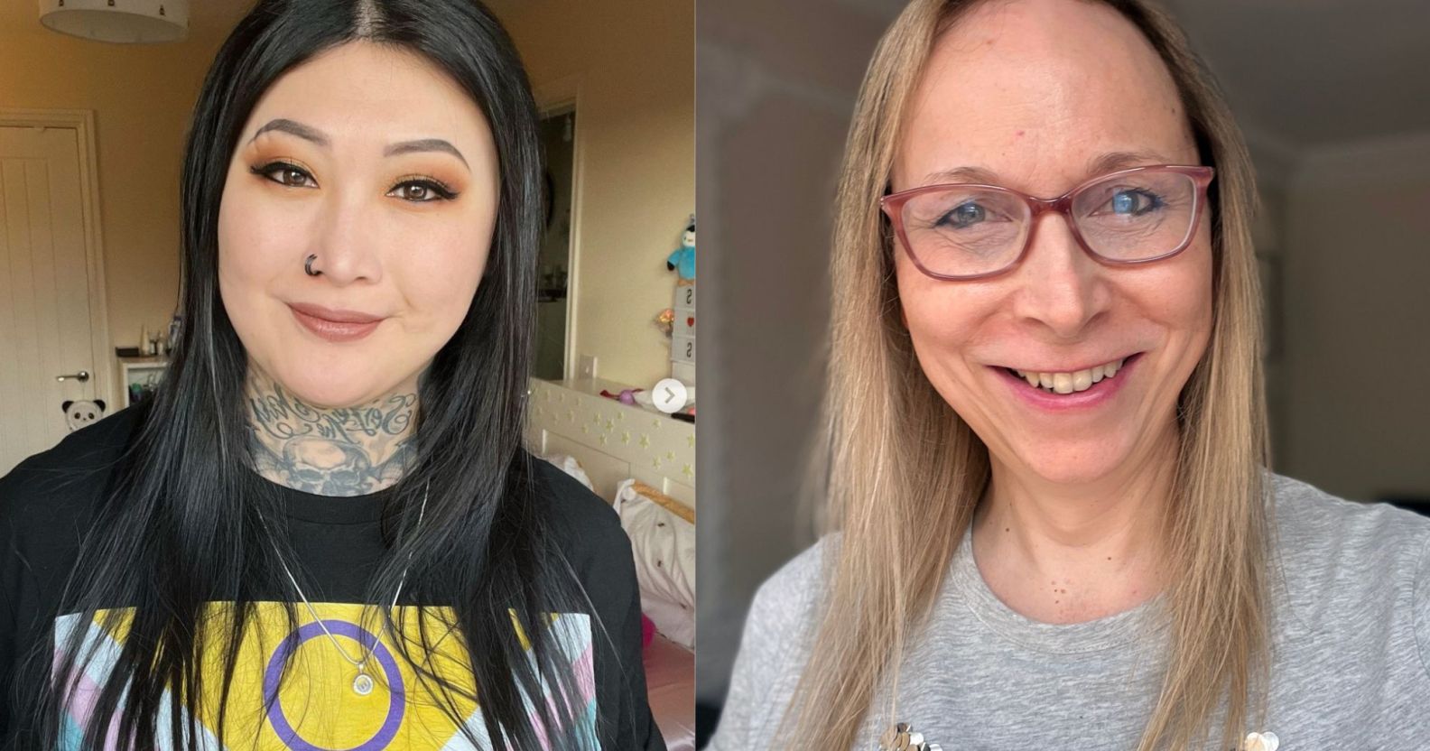 Side by side images of trans advocates Eva Echo and Katie Neeves. Eva is wearing a black top that shows the trans flag, and Katie is wearing glasses and a grey top, both are smiling