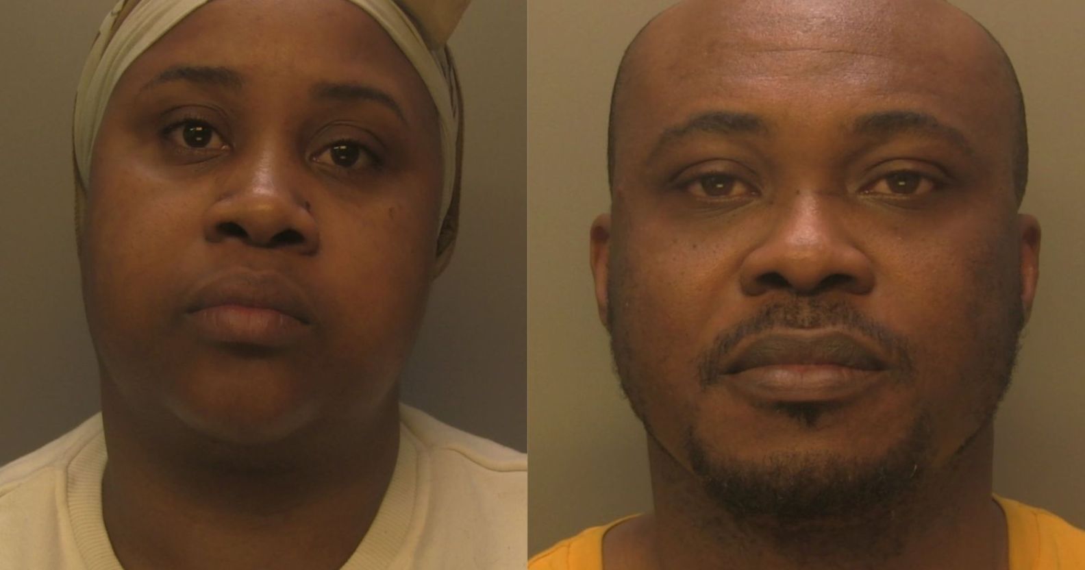 Headshots of Racquel Johnson and Fredrick Diji taken by Surrey Police after the couple were arrested in connection to a romance fraud and money laundering sceme